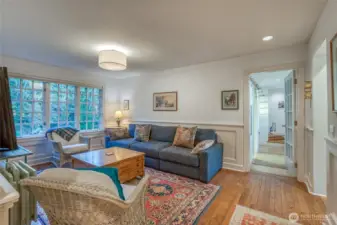 Media room with views of rock quarry