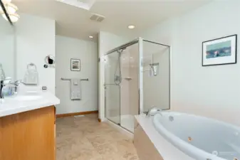 Side A- Private 5-piece bath in primary suite includes jetted tub