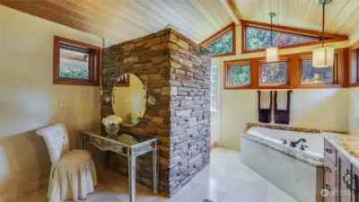 Note the Hubbardton Forge light fixtures and oversize soaking tub.