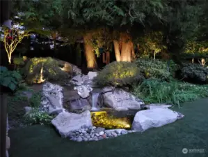 Fantastic Luxor Landscaping lighting system in the backyard. The LED RGB system lets you program each one of the 39 lights in any color you want giving you endless color schemes for sports and holidays.