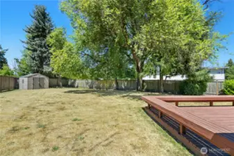 Expansive backyard and large deck area with built in bench.