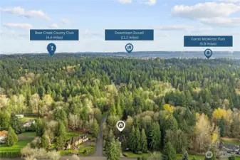 A sweeping westward view emphasizing the surrounding greenery and privacy, with Bear Creek Country Club, Downtown Duvall, and Farrel-McWhirter Park within reach—underscoring the area’s blend of recreation, community, and natural charm.