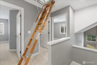 Pull down stairs in the upstairs hallway to access the stand-up attic storage.