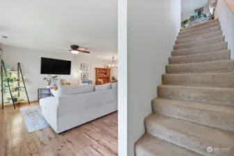 Let's go back through the living room and get ready to head upstairs. Carpeting covers the staircase to make for much quieter trips up and down, and gives added peace of mind with safer footing than wood treads.