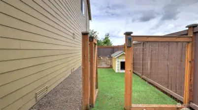 Dog run located on the side yard with high fence surround.