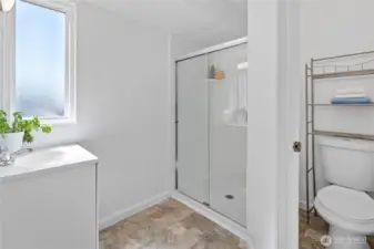 Primary bathroom with new shower