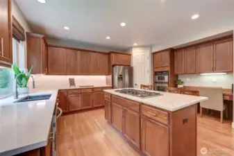 “Spacious kitchen with new quartz counters, designer tile backsplash, gas cooktop, island, and walk-in pantry—open to the family room for easy entertaining.”