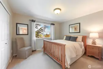 “Generously sized second bedroom with mountain views and a closet organizer for easy storage.”