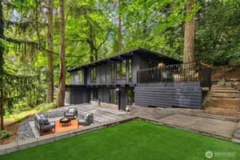 Mid-century inspired design on a wooded lot with patio, turf yard and deck