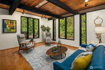 Exposed beams, skylights and cedar tongue & groove ceilings