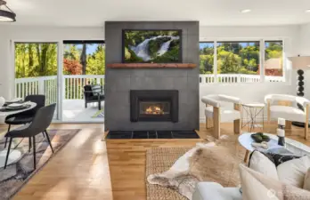 A gas fireplace warms the room in the cool winter.