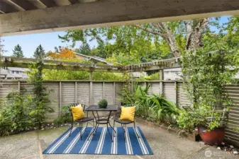 Fully fenced private patio with large storage space