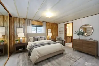 Primary bedroom with bath ensuite. Digitally staged, including curtains.