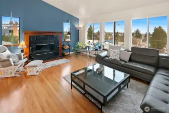 Wood burning fireplace and west facing mountain views