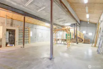 inside shop/ with radiant heated floors & wood stove