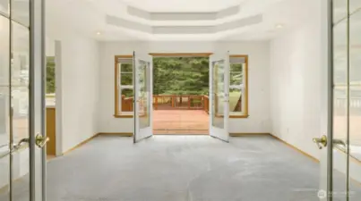Primary Suite welcomes you with French doors & coffered ceilings. The bedroom has access directly to the huge back deck!