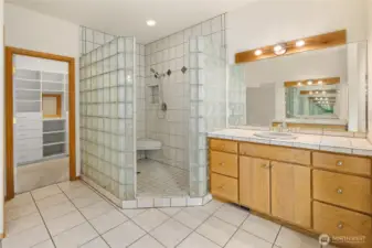 BIG glass tiled shower. The walk-in closet has a closet system & also has a fun laundry pass thru!