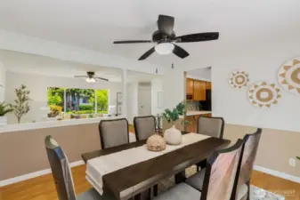 Dining room floor plan is open to the living room, right off the kitchen, with direct access to the patio makes this  very well-suited for hosting.