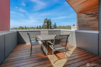 Partilly covered roof top patio plumbed with natural gas and extra storage.