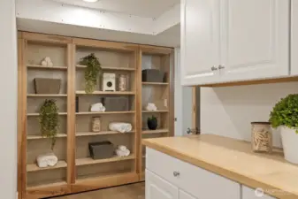 Built in storage in the laundry room.