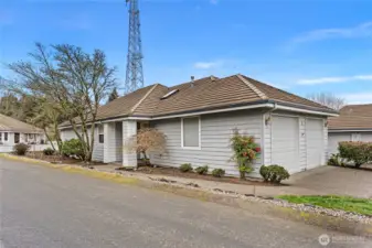 The two-car garage features built-in cabinets