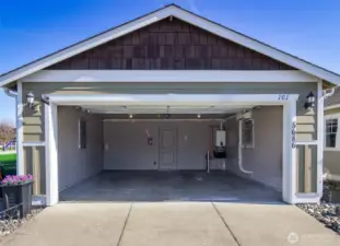 The two car garage has lots of storage space!