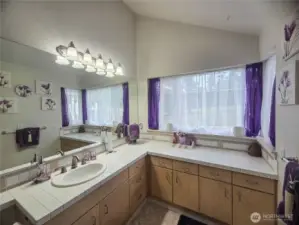 Spacious primary bathroom with lots of light and cabinets and counter space.