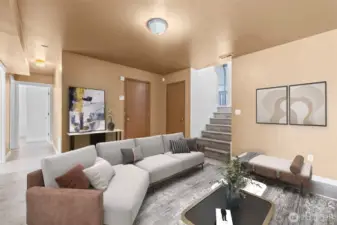 Additional living area down stairs with multiple entry points. (Virtually staged)