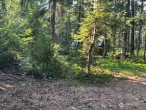The lot sits between two rustic cabins.