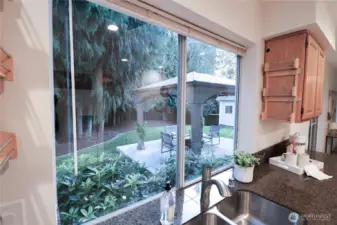 Lush backyard is enjoyed from your kitchen window.