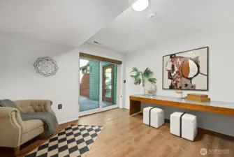 The sliders lead out to a very private patio.