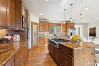 Spacious and well equipped kitchen with island and pantry.