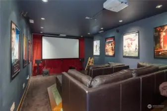 Adjacent to the bonus room area is the 10-person home theater, with a large projection area and recessed can lighting