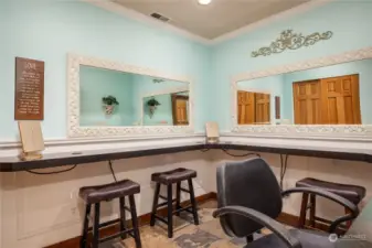 This is the hair and make up room of the bridal suite, with extensive counters and electrical outlets