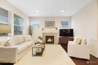 Living room with an abundance of natural light and cozy gas fireplace