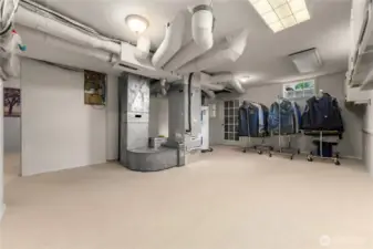 Spacious lower-level mechanical room with ample storage, hobby or gear space, and upgraded systems—functional flexibility for projects, organization, or seasonal prep.