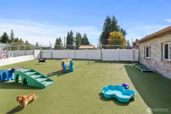 Its Doggy playtime in this fully fenced, secure area designed for safety and fun. The play space is equipped with K9 Astroturf, providing a soft, clean, and durable surface.