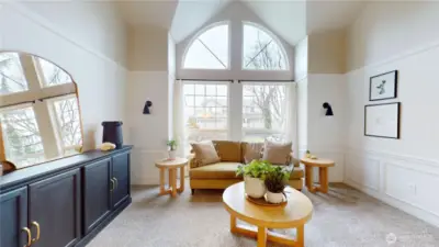 Vaulted ceiling and big south facing windows in living room