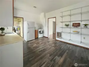 Lots of shelves in kitchen.