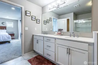 Primary Bathroom with double sinks staged