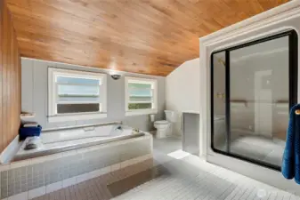 Primary bath with full tub, shower, and vanity.