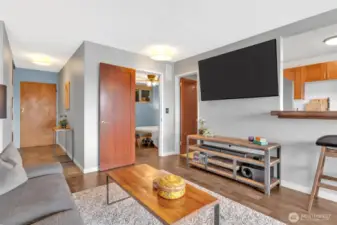 Entryway with coat closet leads to main living area. Bedroom and bathroom right off of the living area.