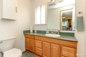Nice size primary bathroom has a full bathtub/shower to the right of the photo.