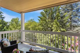 A covered deck for year round enjoyment. Enjoy the colorful flowers in the common area garden and the sunsets facing west toward Seattle!
