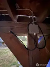A frame power connection for either solar power station or from future power from street! Multiple outlets on both floors inside, have been used simultaneously with no issues! Including window fan, plug in lights, water kettle, and multiple chargers plugged in.