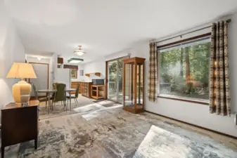 Living room toward kitchen with large slider between