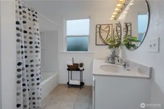 Very large bathroom, with two sinks and lots of counter space!