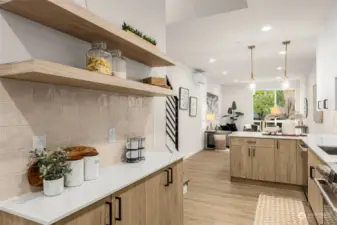 Step into your culinary haven with open shelving and a cozy ambiance. Perfect for displaying your favorite kitchen finds while keeping everything within reach!