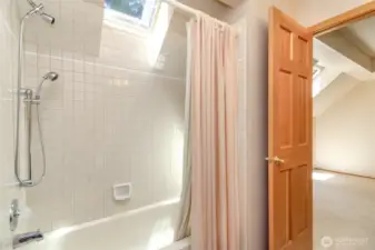 Upstairs bath with another skylight! Note the 6 panel VG fir doors that are throughout the home...