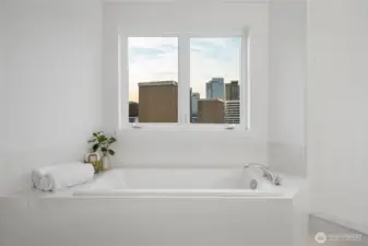 A gorgeous Kohler soaking tub awaits you for that ultimate evening relaxation.